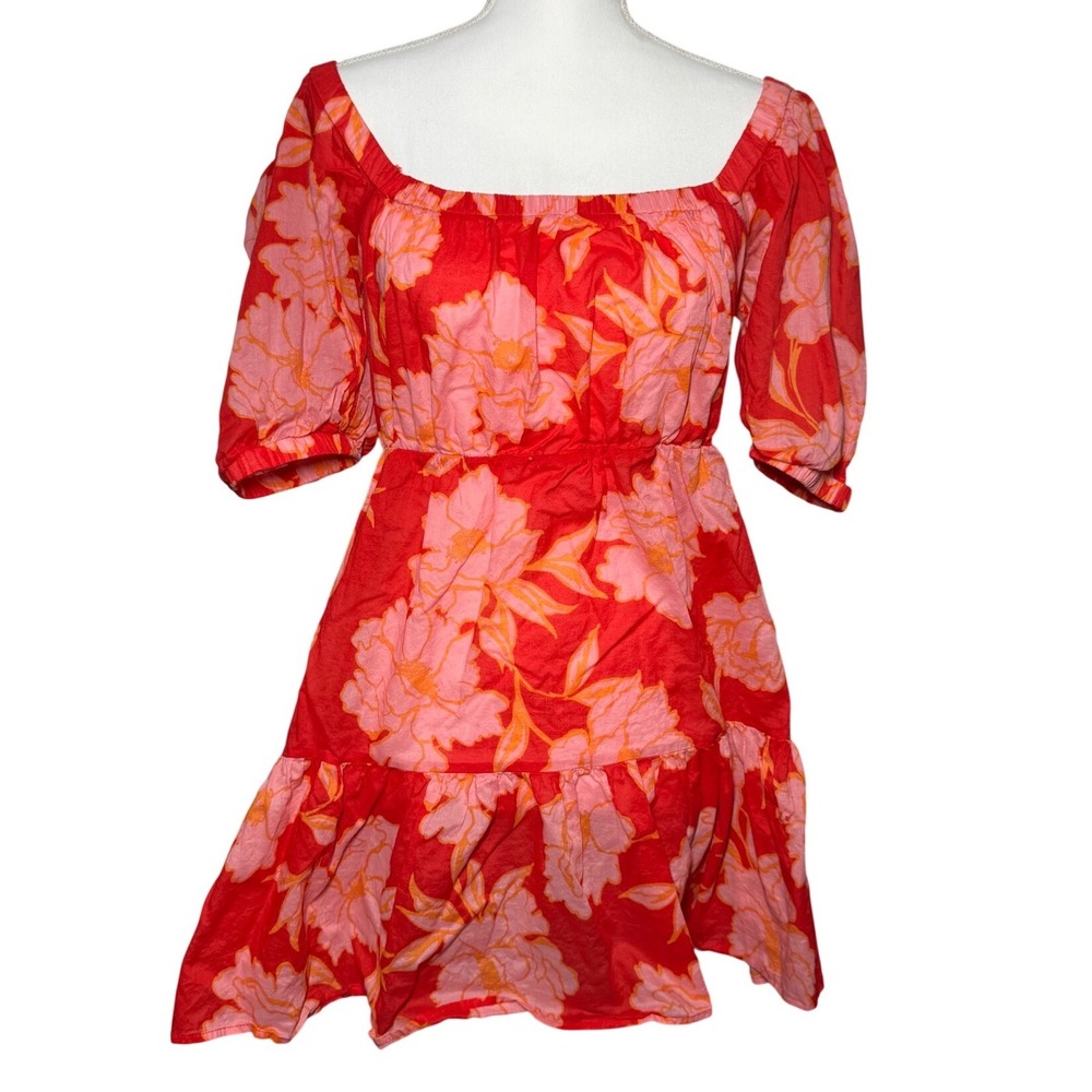 Olivaceous Floral Puff Sleeve Tiered Mini Dress M Red Pink Boho Summer